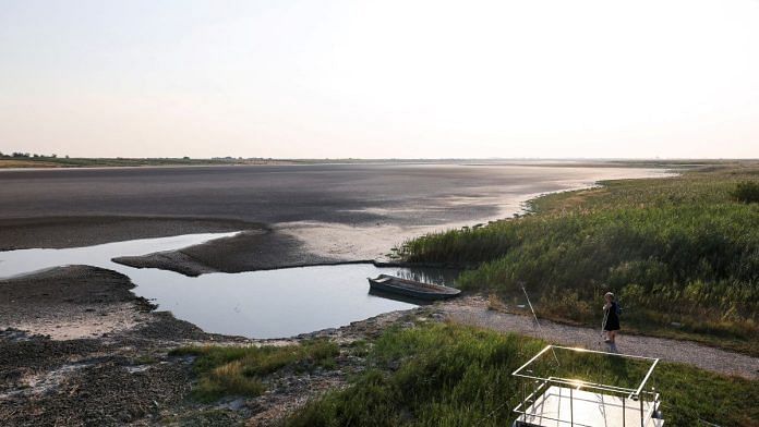 A person stands near Rusanda Lake which dried up during the heatwave that hit Serbia and the rest of the Balkans with temperatures reaching 41 degrees Celsius in Melenci, Serbia, July 13, 2024. REUTERS/Zorana Jevtic/File Photo