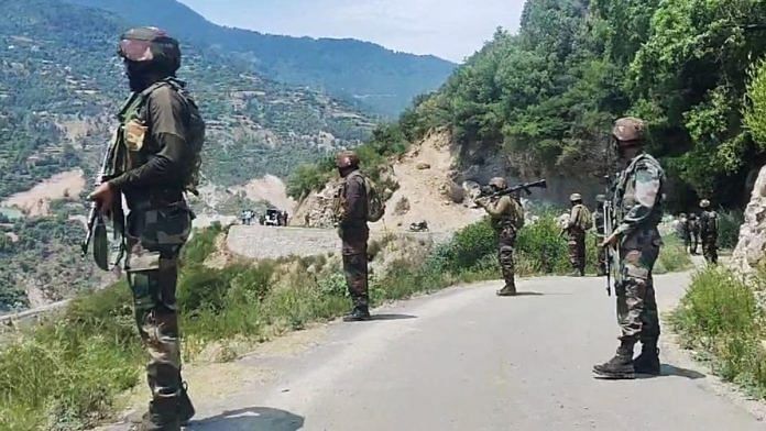 Army personnel stand guard in the Kota Top area of Gandoh after a Police jawan was injured in exchange of fire with terrorists in Doda, Jammu and Kashmir on 13 June | ANI Photo