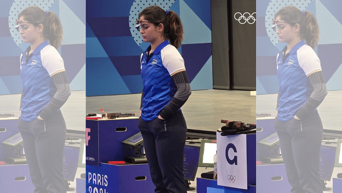 Ace shooter Manu Bhaker during the women's 10-metre air pistol in Olympic Games in Paris | Pic credit: X/@OlympicKhel