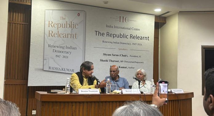 Shashi Tharoor, Shyam Saran and Radha Kumar at the launch of Kumar's new book, Republic Relearnt | Photo: Vandana Menon, ThePrint