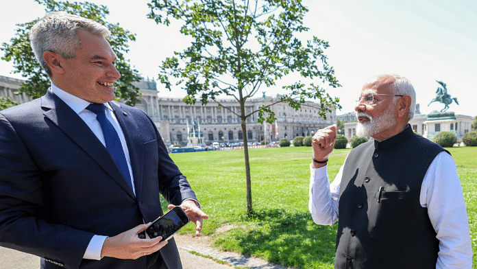 Prime Minister Narendra Modi interacts with Austrian Federal Chancellor Karl Nehammer during his visit to the Federal Chanceller | ANI