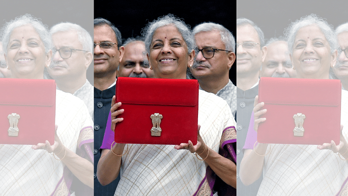 Union Finance Minister Nirmala Sitharaman shows the Budget tablet at the Ministry of Finance before heading to the Parliament to present the Union Budget 2024-25, in New Delhi | ANI