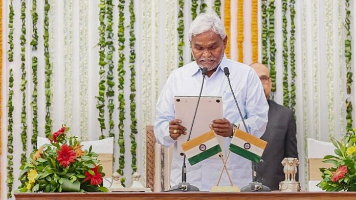 Jharkhand Mukti Morcha (JMM) MLA Champai Soren takes oath as a minister in the newly formed Hemant Soren government, administered by Jharkhand Governor C. P. Radhakrishnan, at Raj Bhavan, in Ranchi, Monday, July 8, 2024 | PTI