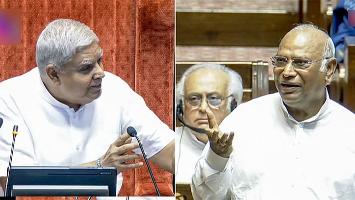 Vice President Jagdeep Dhankar (L) and Congress leader Mallikarjun Kharge (R) | ANI