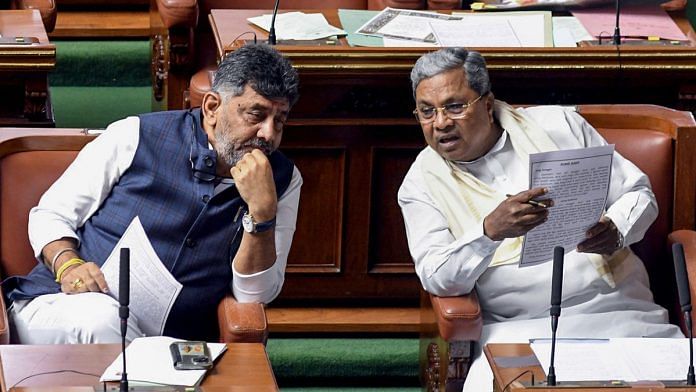 Karnataka Chief Minister Siddaramaiah with State Deputy Chief Minister DK Shivakumar on the first day of monsoon session of State Assembly in Bengaluru | Photo: ANI