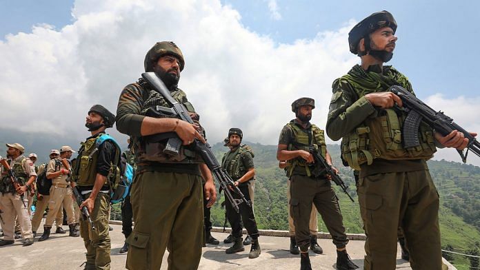 Jammu & Kashmir Police and Special Operation Group (SOG) personnel during a counter-terror operation following a terrorist attack on an Indian Army convoy, in Kathua district, Tuesday, June 9, 2024 | PTI