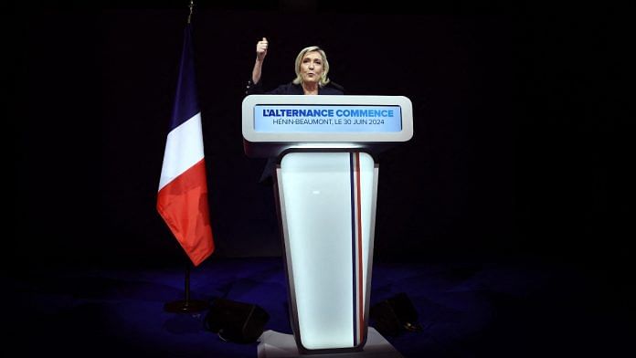 Marine Le Pen, French far-right leader and far-right Rassemblement National (National Rally - RN) party candidate, deliver a speech after partial results in the first round of the early French parliamentary elections in Henin-Beaumont, France | Reuters file photo