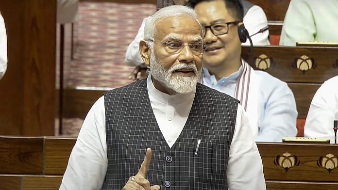 Prime Minister Narendra Modi replies to the Motion of Thanks on the President's Address in the Rajya Sabha during the ongoing Parliament session, in New Delhi | PTI