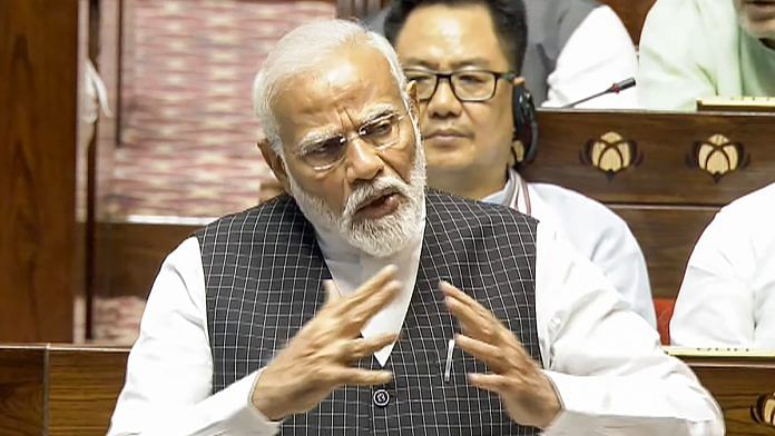 Prime Minister Narendra Modi replies to the Motion of Thanks on the President's Address in the Rajya Sabha during the ongoing Parliament session, in New Delhi, Wednesday, July 3, 2024 | PTI