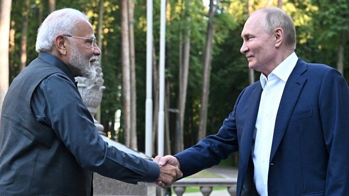 Russia's President Vladimir Putin shakes hands with India's Prime Minister Narendra Modi during their meeting at the Novo-Ogaryovo state residence near Moscow, Russia July 8, 2024 | Pool via Reuters