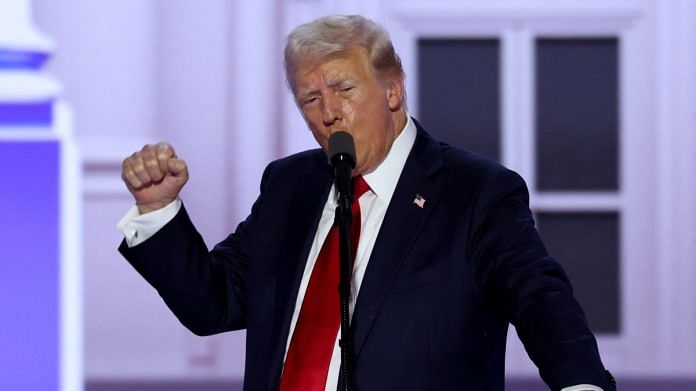 Republican presidential nominee and former U.S. President Donald Trump gestures as he gives his acceptance speech on Day 4 of the Republican National Convention (RNC), at the Fiserv Forum in Milwaukee, Wisconsin, U.S., July 18, 2024 | Reuters