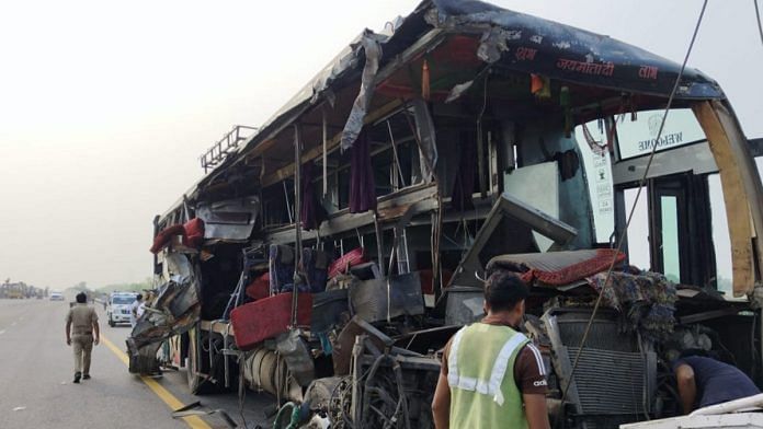 Mangled remains of a bus being towed after an accident, in Unnao district, Wednesday, July 10, 2024 | PTI