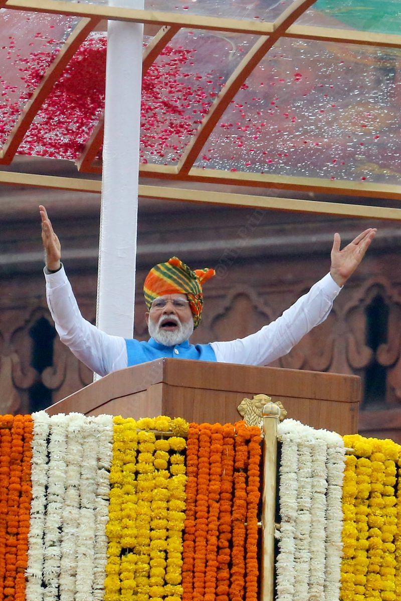 Prime Minister Narendra Modi addresses the nation from the ramparts of the Red Fort, to mark the country's Independence Day in New Delhi | Praveen Jain | ThePrint