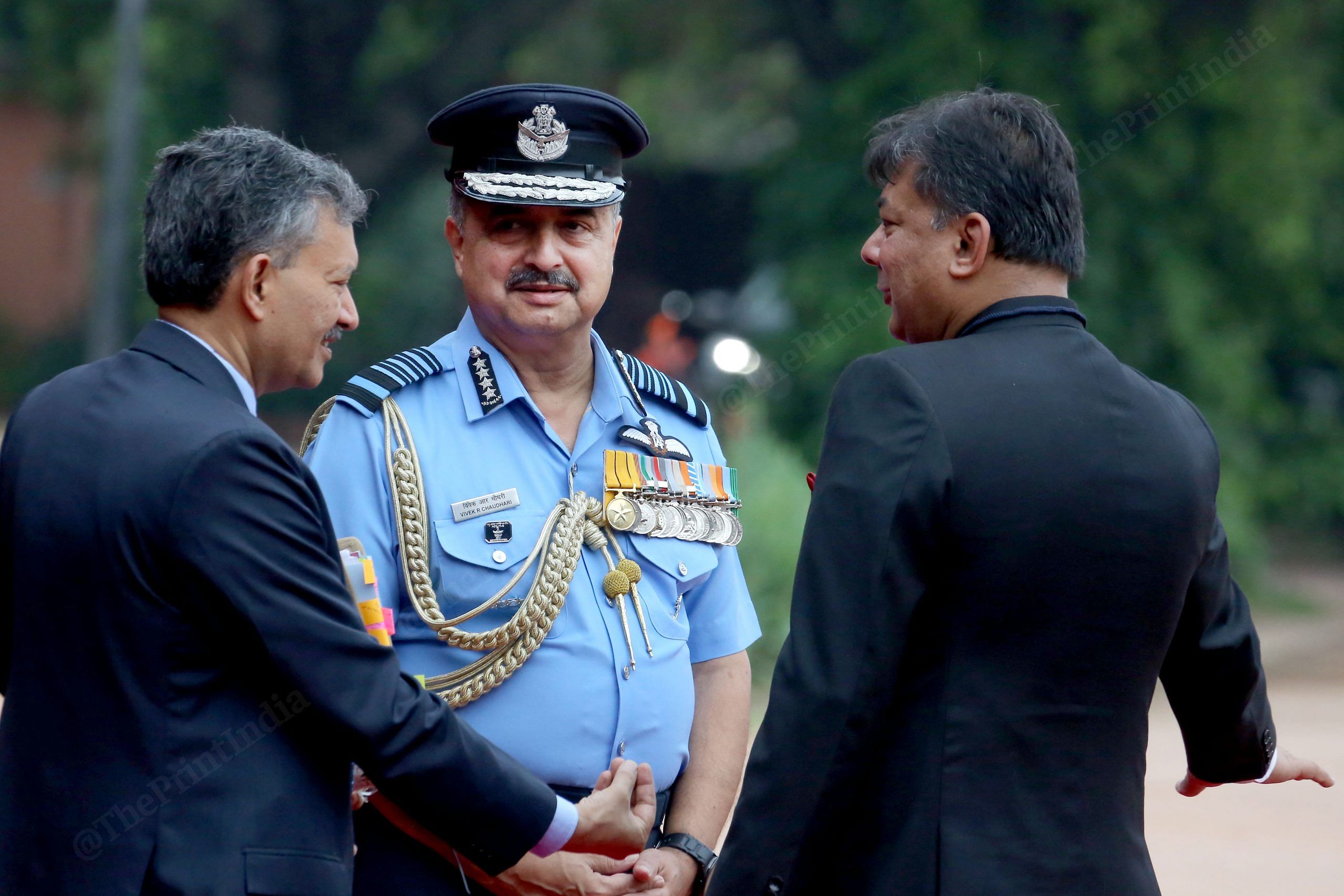 (L-R) Joint secretary to PM Deepak Mittal, Air Chief Marshal V.R. Chaurdhari and cabinet secretary Gauba at Rashtrapati Bhavan | Praveen Jain | ThePrint