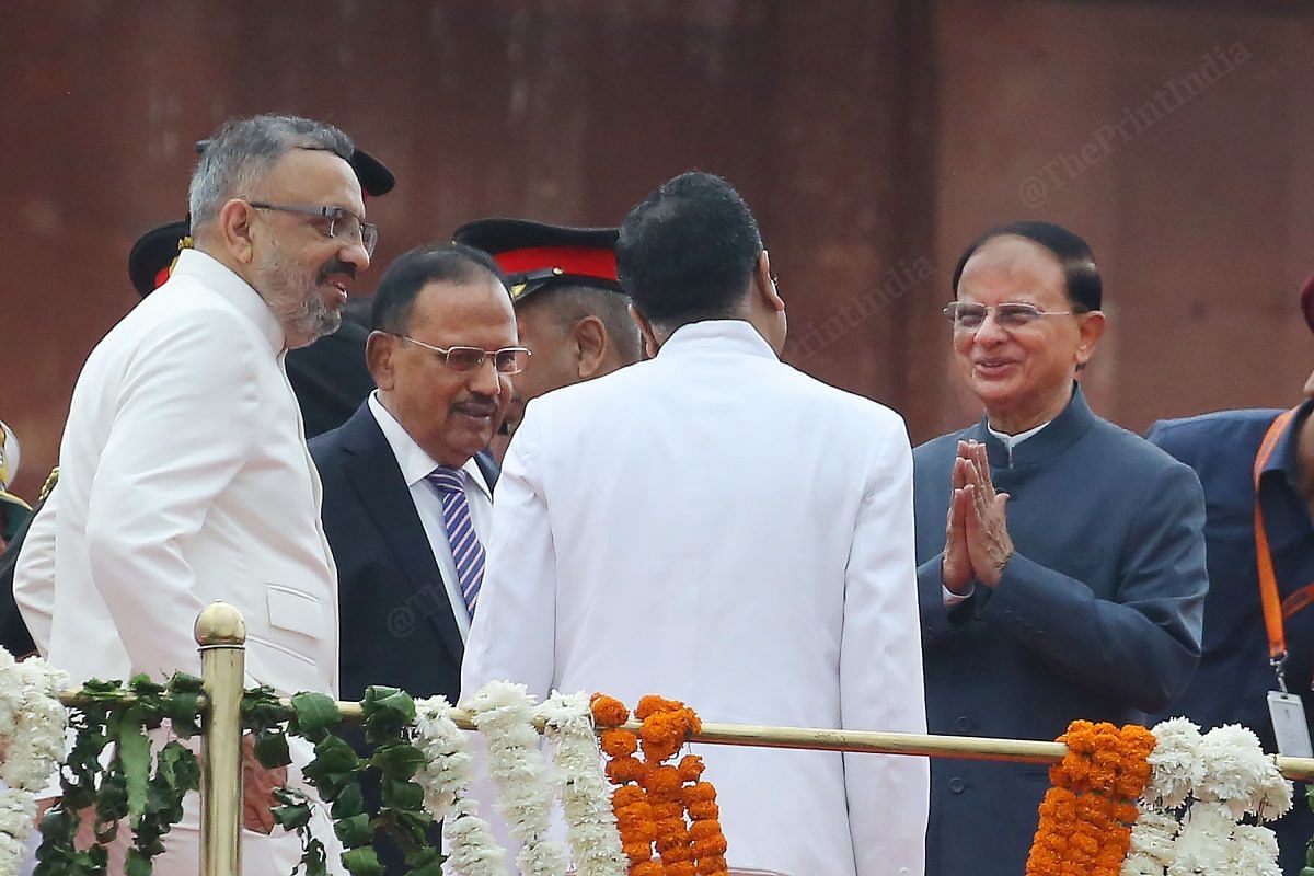 (L-R) Cabinet Secretary Rajiv Gauba, NSA Ajit Doval, Newly appointed Cabinet secretary T.V Somnathan and Principal secretary to PM P.K Mishra at Red Fort | Praveen Jain | ThePrint