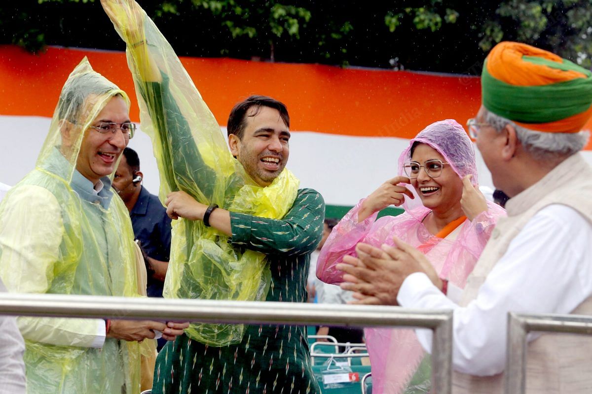 Union Minister Jitin Prasada, Jayant Chaudhary, Anupriya Patel, and Arjun Ram Meghwal smiles while wearing rain cover | Praveen Jain | ThePrint