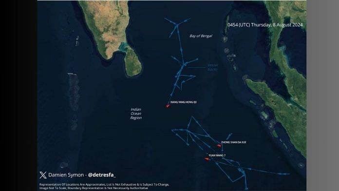 Graphic representing current positions and routes undertaken by the three Chinese research vessels operating in Indian Ocean Region | Image credit: X