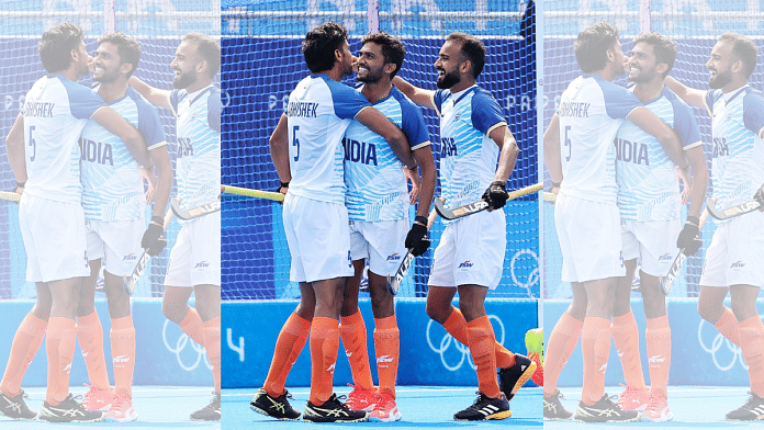 Teammates celebrate a goal during the men’s hockey Pool B match against Australia in the Paris Olympic 2024, in Paris on Friday | Credit: ANI/Sukumaran