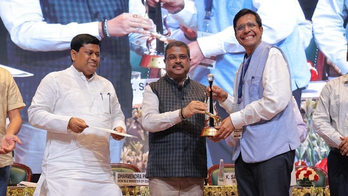 Union minister Dharmendra Pradhan presenting IIT-Madras director V. Kamakoti with NIRF 2024 ranking certificate in New Delhi, Monday | X @dpradhanbjp