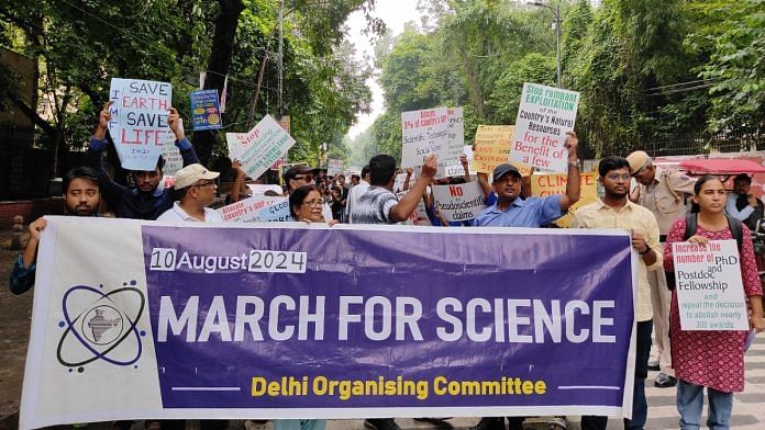 Students, teachers and professors at the India March for Science (Delhi) at North Campus, Delhi University, on 10 August, 2024 | Radifah Kabir | ThePrint