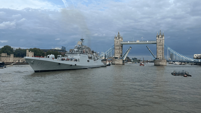 Naval ship INS Tabar seen passing under the Tower Bridge in London | Credit: X/@HCI_London