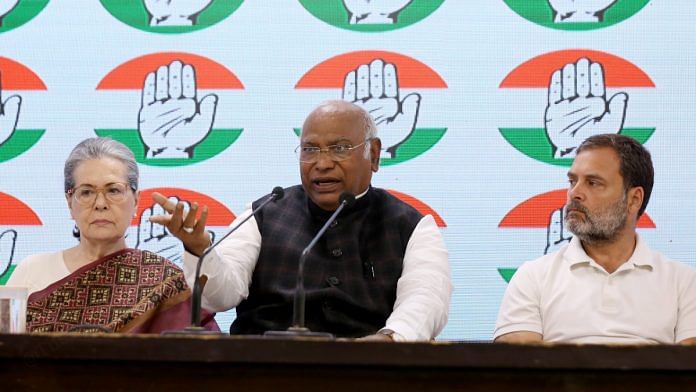 File photo of Sonia Gandhi, Congress president Mallikarjun Kharge and LoP Rahul Gandhi | Representational image | Suraj Singh Bisht | ThePrint