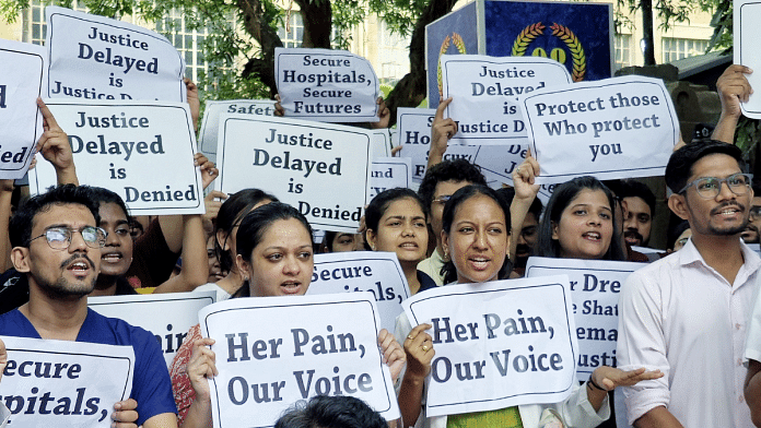 Doctors protest against alleged sexual assault and murder of a postgraduate trainee doctor in Kolkata, at KEM Hospital in Mumbai Tuesday, 13 August | Credit: ANI