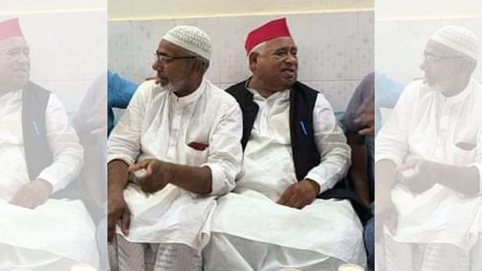 Images of Moid Khan (left), one of the accused in the Ayodhya gangrape case, with Faizabad MP Awadhesh Prasad (right) are being circulated on social media | X: @Shehzad_Ind