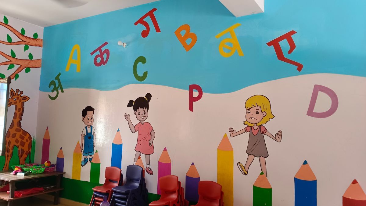 The whole classroom has different drawings and letters, countings all over its walls |Almina Khatoon, ThePrint