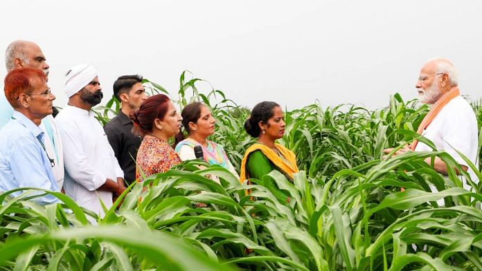 Prime Minister Narendra Modi during the release of 109 high yielding, climate resilient and biofortified varieties of crops, at India Agricultural Research Institute, in New Delhi, Sunday. | PTI