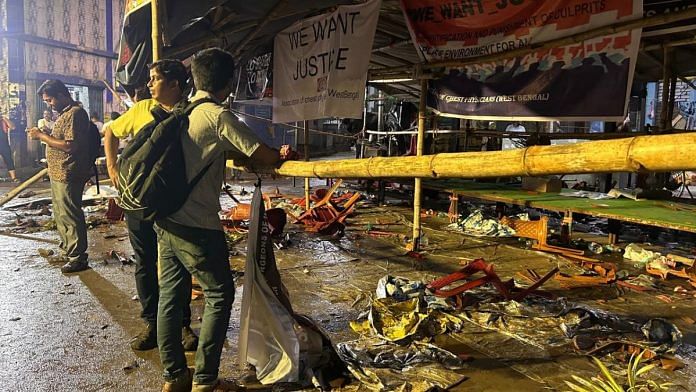 The stage where doctors were holding their protests inside RG Kar | Photo: Sreyashi Dey, ThePrint