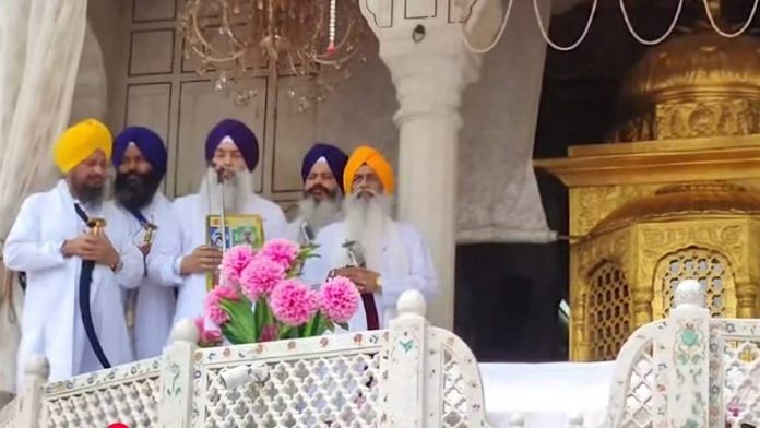 Jathedars of the five Takths delivering their verdict on Sukhbir Badal at the Akal Takht in Amritsar Friday | Photo: By special arrangement