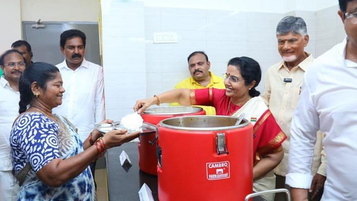 Andhra Pradesh CM Chandrababu naidu and his wife Nara Bhuvaneshwari during the reopening of one of the Anna Canteens | X/@ncbn