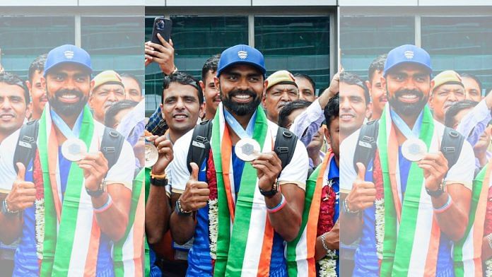 Olympic bronze medalists hockey player P.R. Sreejesh at IGI airport in New Delhi on Tuesday | ANI Photo/Jitender Gupta