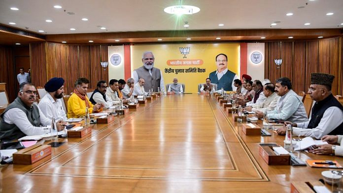 Prime Minister Narendra Modi along with BJP National President JP Nadda, Union Home Minister Amit Shah, and other dignitaries at the Bharatiya Janata Party (BJP) Central Election Committee (CEC) meeting, at party headquarters in New Delhi on Sunday | ANI