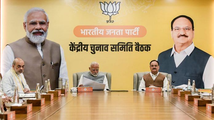 Prime Minister Narendra Modi along with Union Home Minister Amit Shah, BJP National President JP Nadda at the Bharatiya Janata Party (BJP) Central Election Committee (CEC) meeting, at party headquarters in New Delhi on Sunday | ANI