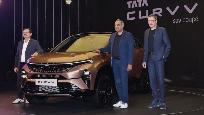 Shailesh Chandra, Managing Director & Director at Tata Passenger Electric Mobility Ltd, with Sven Patuschka, CTO, Tata Motors Passenger & Electric Vehicle, and Mohan Savarkar, Chief product officer and vice president Tata Motors, during the launch of Tata Curvv | ANI