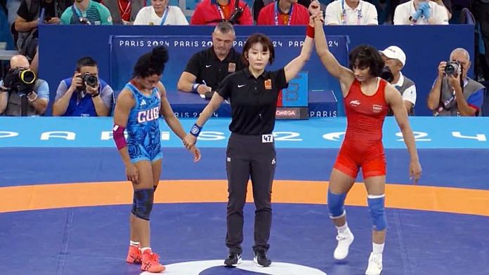 India's Vinesh Phogat defeats Cuba’s Yusneylis Guzman Lopezi in women's freestyle 50kg wrestling semifinal at Paris Olympic Games 2024, Tuesday | ANI