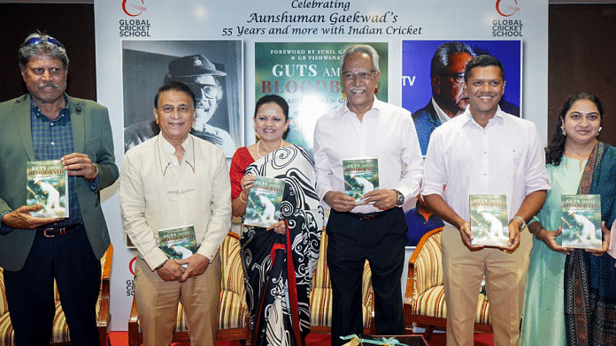 File photo of former cricketers Kapil Dev and Sunil Gavaskar with Anshuman Gaekwad at the launch of his book in Mumbai | ANI