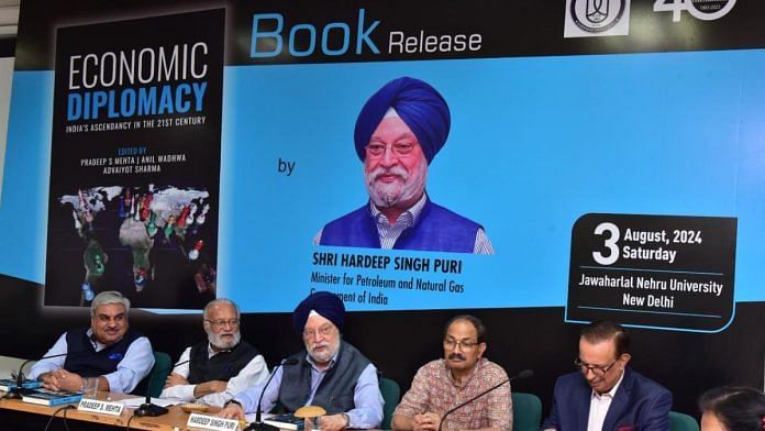 Hardeep Singh Puri (centre) at the launch of 'Economic Diplomacy: India’s Ascendancy in the 21st Century. | Photo: Courtesy CUTS International