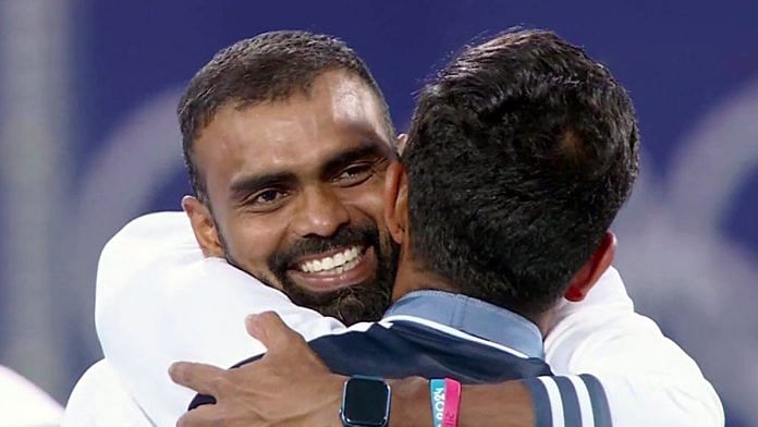 Goalkeeper PR Sreejesh after the Indian men's hockey team won against Spain at the Paris Olympics | ANI