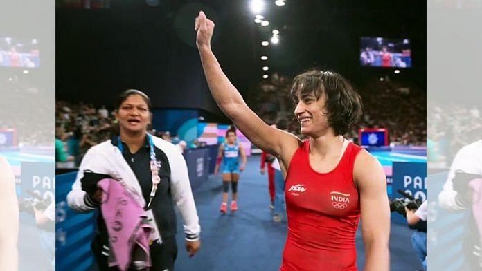 Vinesh Phogat celebrates her victory in the women's freestyle 50kg wrestling semifinal match against Cuba’s Yusneylis Guzman Lopezi at the Paris Olympic Games 2024 | Photo: ANI Photo/ DD Sports Grab