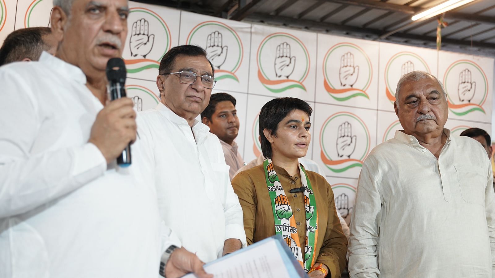 (From left to right) Bhupinder Singh Hooda, Sonia Doohan, Deepak Babaria and former minister Ashok Arora as Doohan joins the party on Tuesday | By Special Arrangement