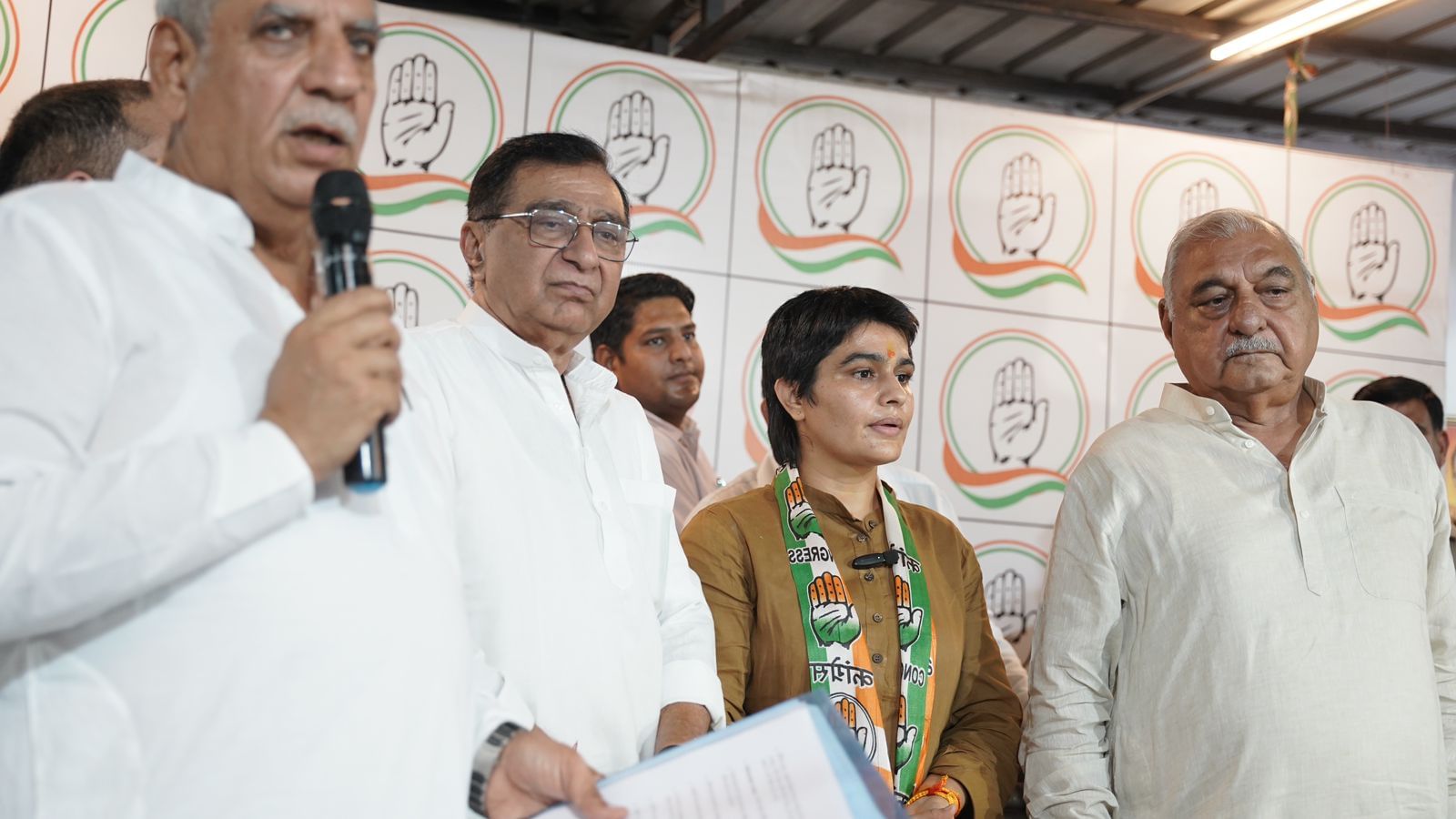 (From left to right) Bhupinder Singh Hooda, Sonia Doohan, Deepak Babaria and former minister Ashok Arora as Doohan joins the party on Tuesday | By Special Arrangement