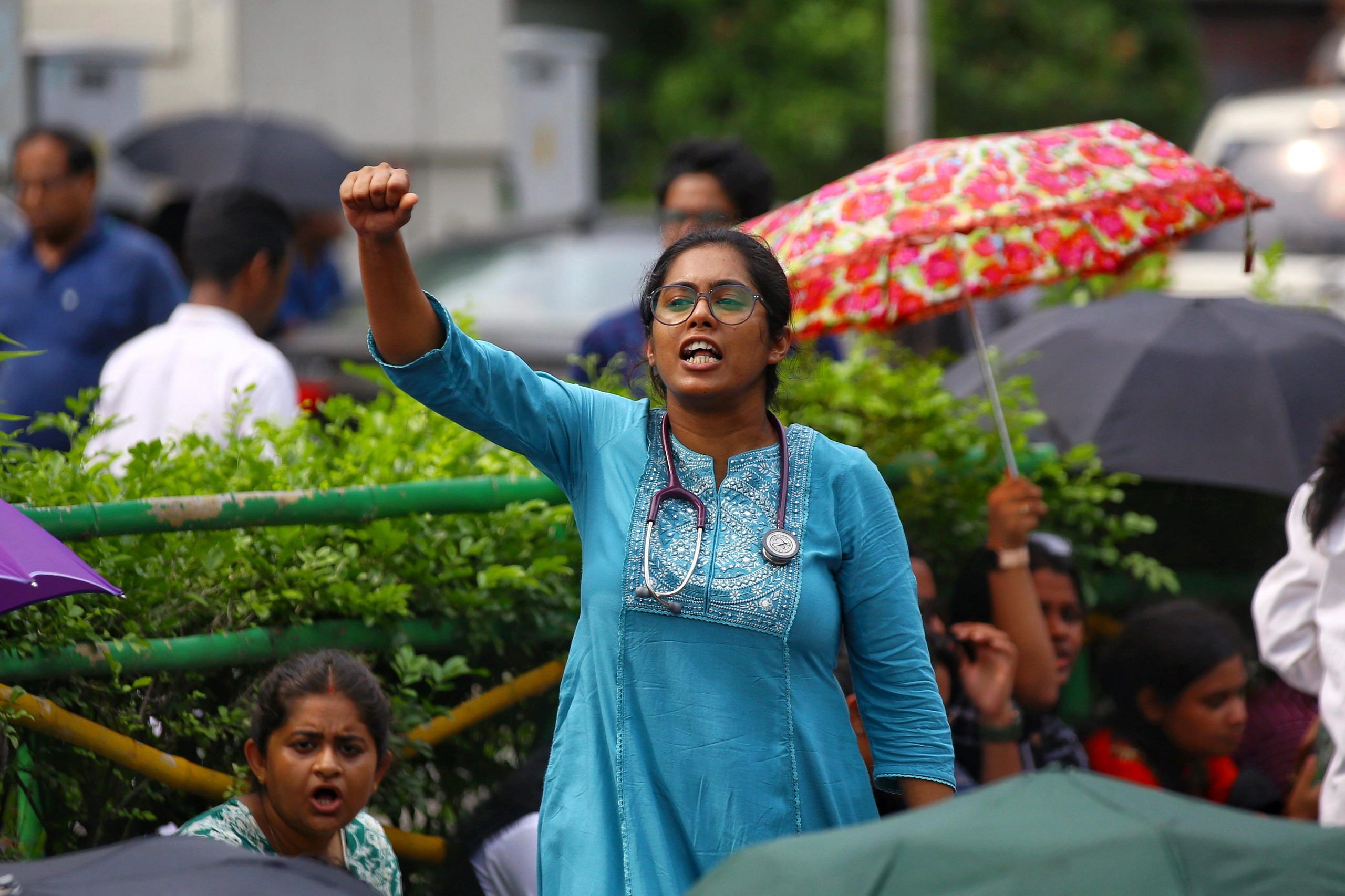 Kolkata is witnessing protest across the city demanding justice for the RG Kar victim. A protester gestures during a march towards the health ministry Tuesday. | Manisha Mondal | ThePrint