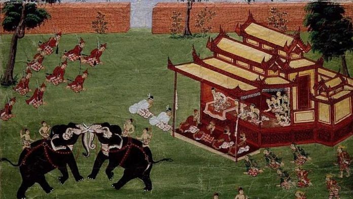 A person of high rank watches an elephant fight in medieval India along with other spectators, gouache painting by an Indic artist