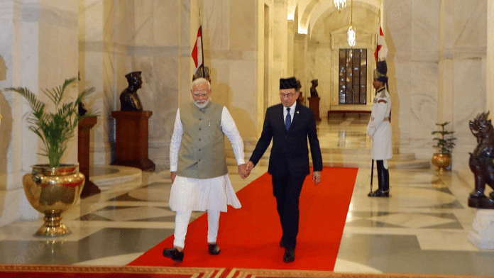 Anwar Ibrahim, Prime Minister of Malaysia welcomed by Prime Minister Modi at Rashtrapati Bhawan in New Delhi | ThePrint photo by Praveen Jain