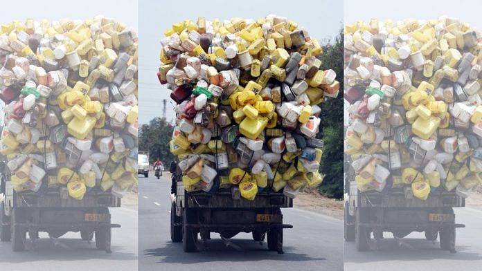 A mini truck loaded with plastic cans and bottles in Gujarat's Surat | Representational image | ANI