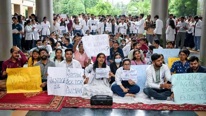 File photo of doctors' protest against the alleged sexual assault and murder of a female postgraduate trainee doctor of Kolkata RG Kar Medical College | Photo: ANI/Ishant