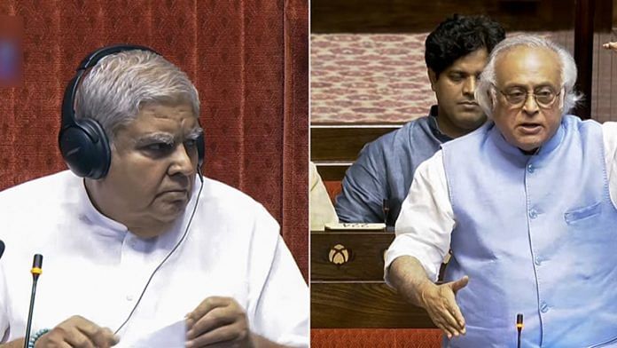 Rajya Sabha Chairman Jagdeep Dhankhar listens to Congress MP Jairam Ramesh during the Monsoon Session of Parliament, in New Delhi on Thursday. | ANI